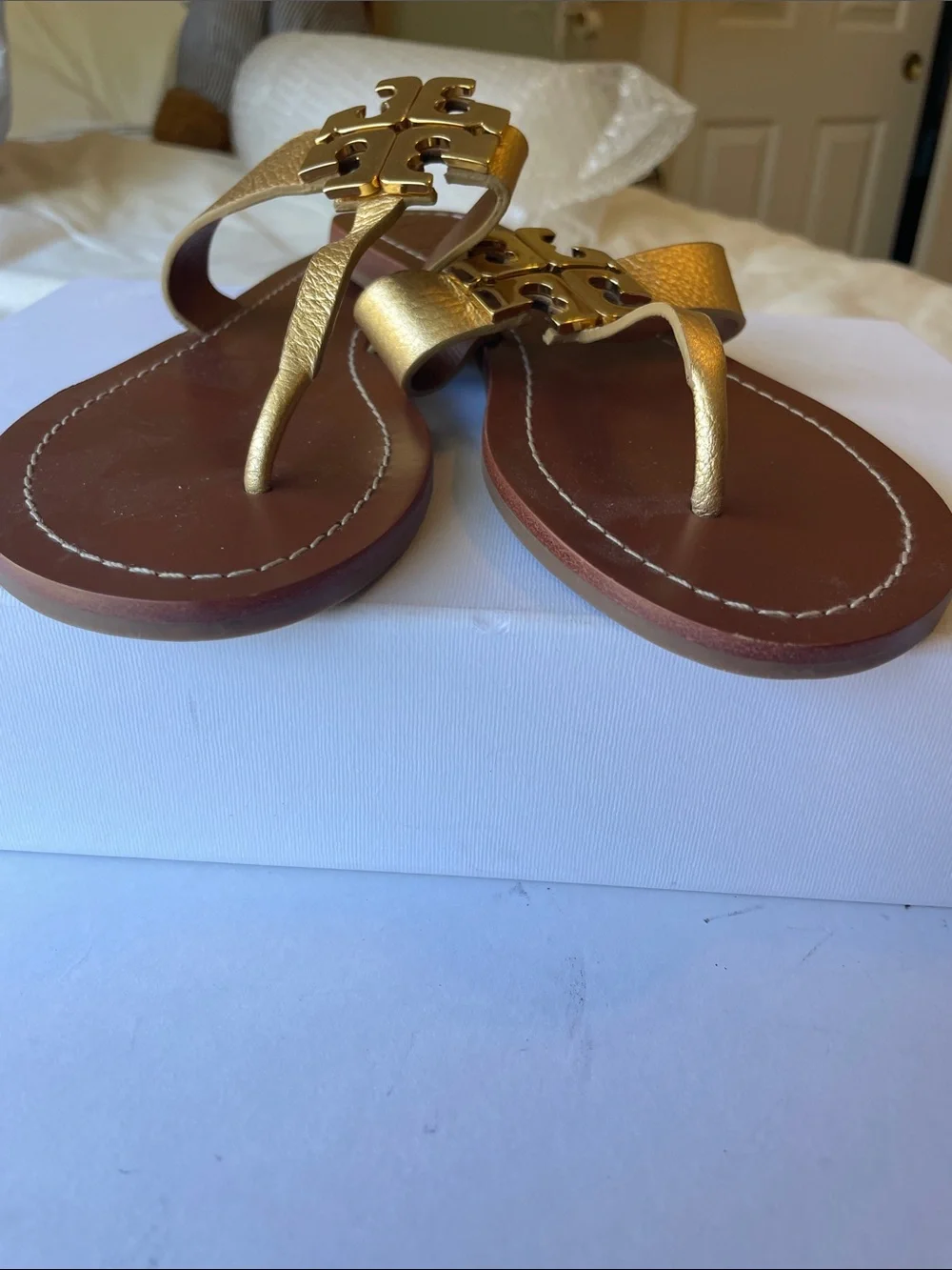 Tory Burch Gold Leather Logo Miller Thong Sandals